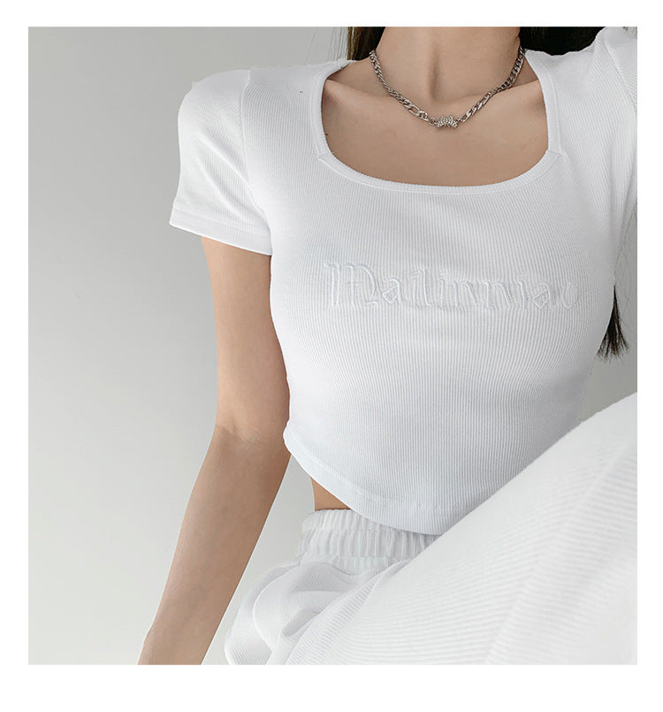 Vintage Letter Embroidery Fitted Bodysuit Square Neck