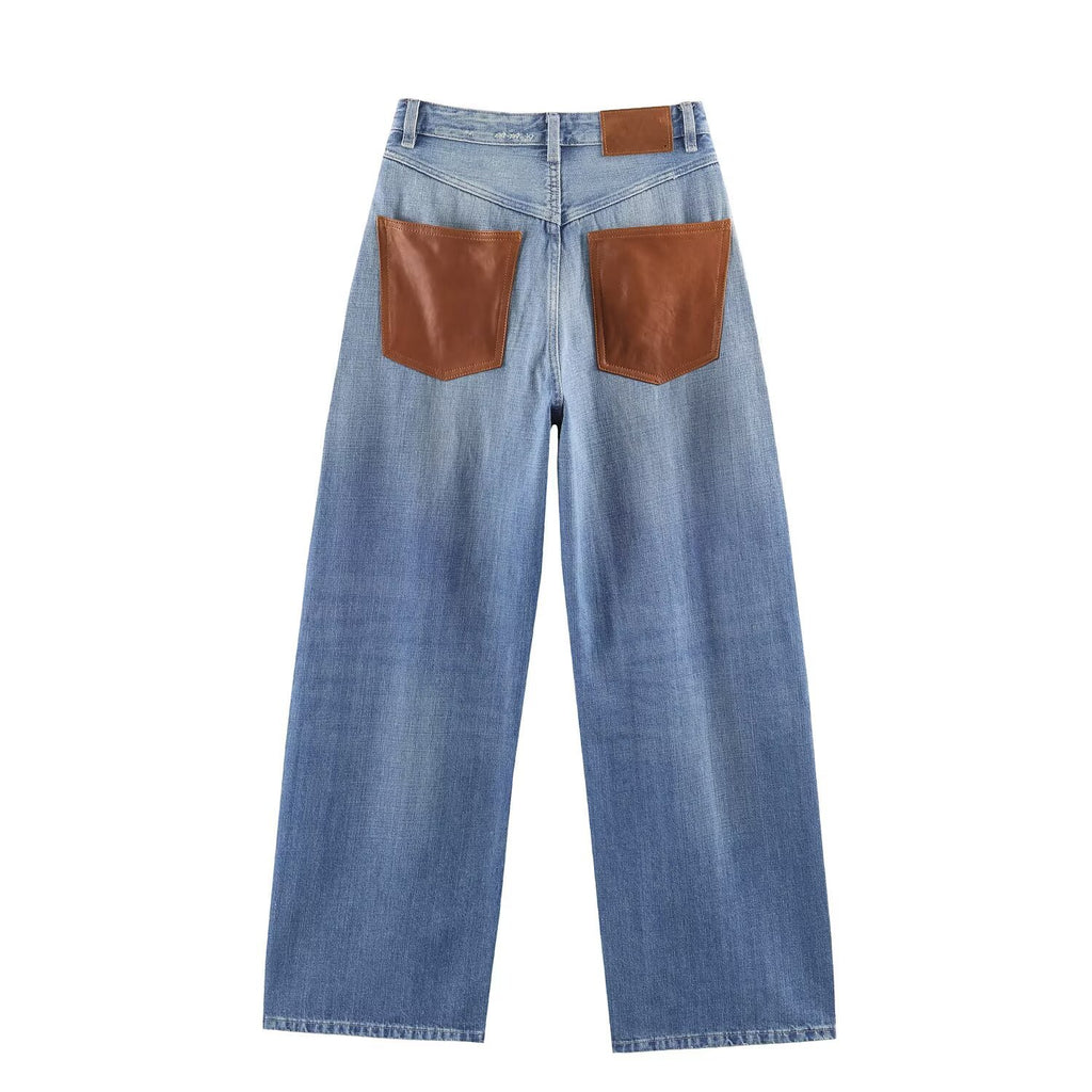 High waisted wide leg leather pocket jeans