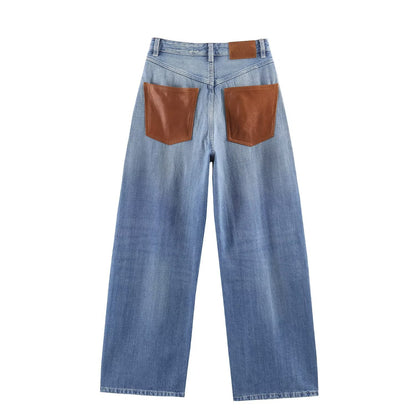 High waisted wide leg leather pocket jeans