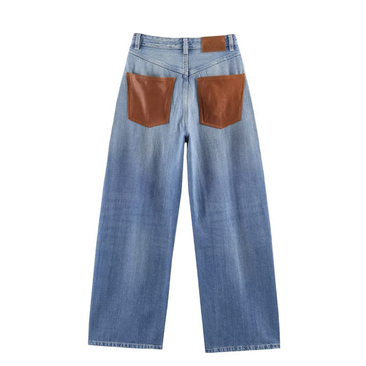 High waisted wide leg leather pocket jeans