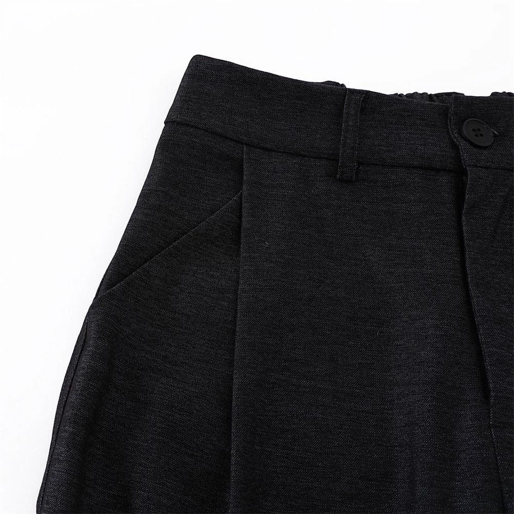 Elastic Waistband Pleat Design Solid Color Straight Leg Pants by eprolo