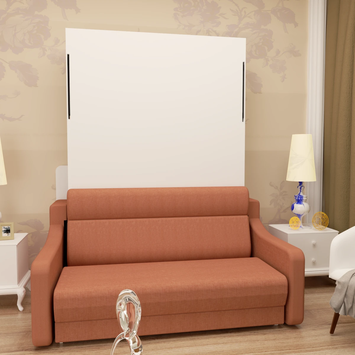 Full size Morden Deisgn vertical Murphy bed with sofa and drawers, white wall bed, space saving hidden bed with new gas pillars by eprolo