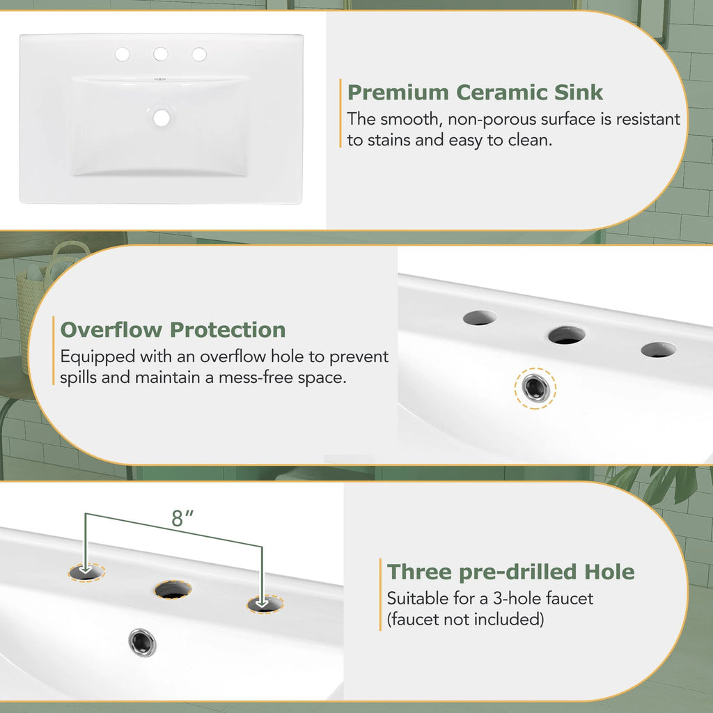 30-Inch Green Bathroom Vanity with Ceramic Sink and Ample Storage - Ideal Choice for Small Bathrooms by eprolo