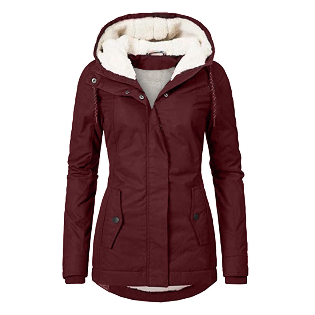 Veste d'hiver à capuche de couleur unie, chaude, avec boucle, fermeture éclair et poches, veste décontractée pour femme