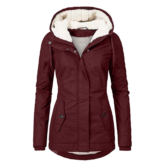 Chaqueta con Capucha de Invierno Color Sólido Cálida con Hebilla y Cremallera de Lana con Bolsillos Chaqueta Casual para Mujer