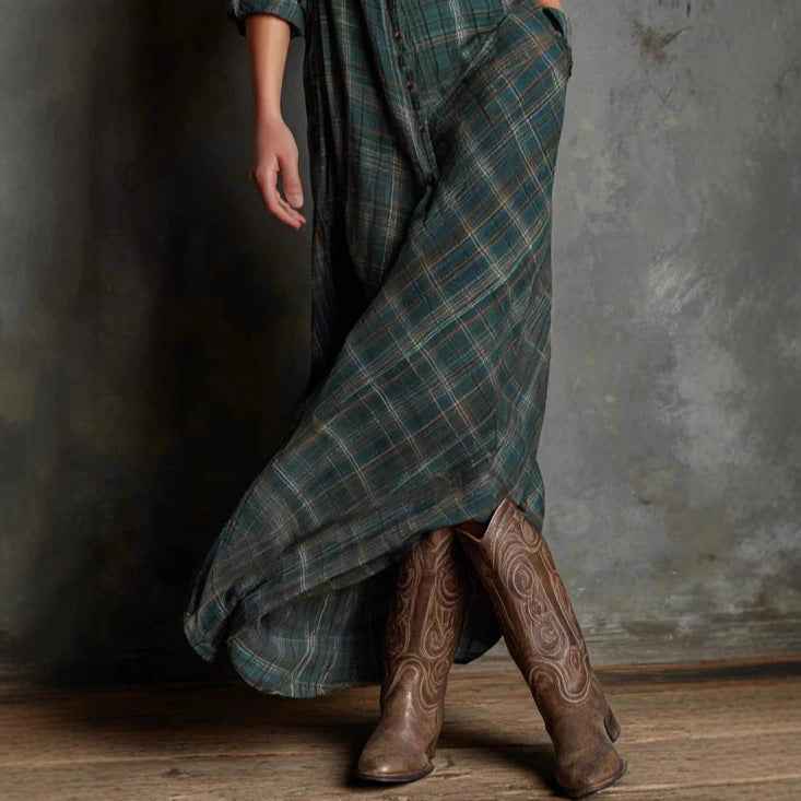 Casual Long Sleeve Lapel Plaid Long Dress