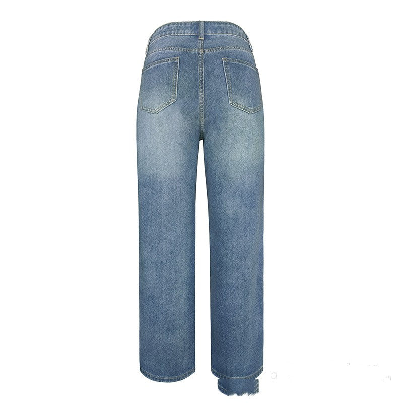Jeans Femme Ample Taille Moyenne Décontracté Coupe Droite
