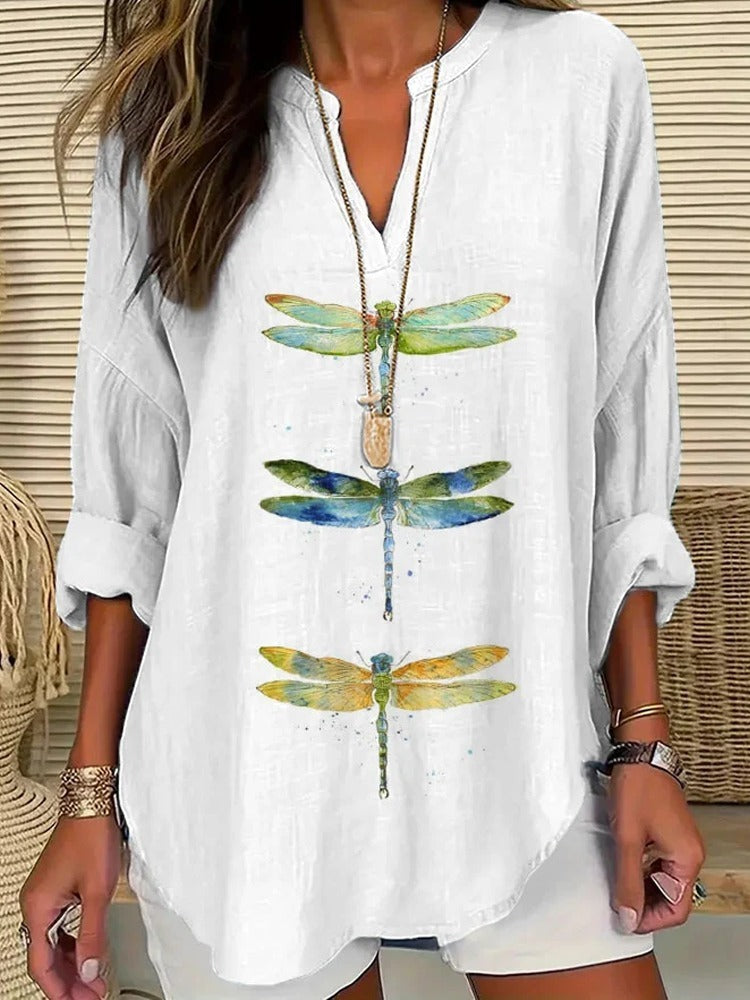 Ropa de mujer europea y americana, cuello en V pequeño, cuello alto, botón, hombros caídos, manga larga, camiseta de mujer, bajo curvo.