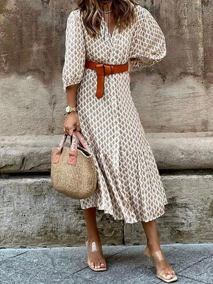 Robe Femme Imprimée Col V Manches Bouffantes Chic