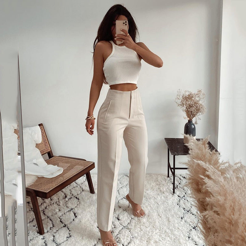 Pantalon plissé décontracté taille haute, couleur unie, coupe ajustée, basique