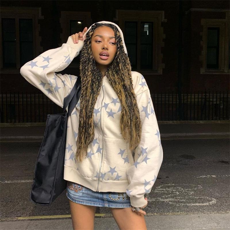 Cardigan à Capuche Zippé Imprimé Étoiles, Vêtement d'Extérieur Tendance pour Couple, Sweat-shirt à Capuche, Manteau Homme Femme Streetwear