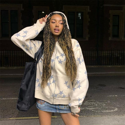 Cardigan à Capuche Zippé Imprimé Étoiles, Vêtement d'Extérieur Tendance pour Couple, Sweat-shirt à Capuche, Manteau Homme Femme Streetwear