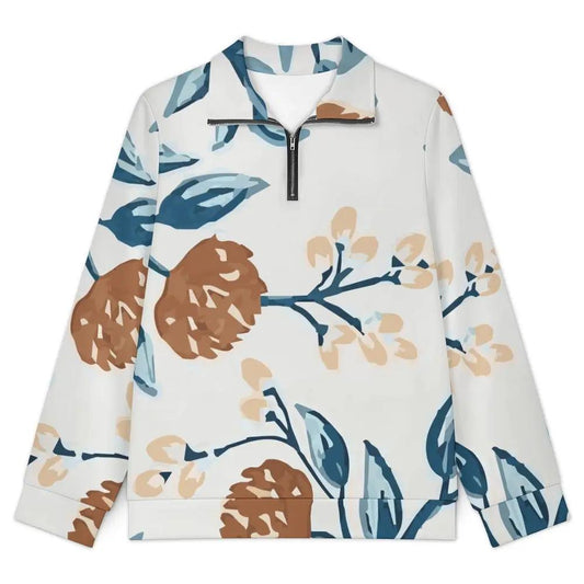 Women's Inkedjoy quarter-zip sweatshirt in white with blue/brown floral print, tailored, breathable fabric.