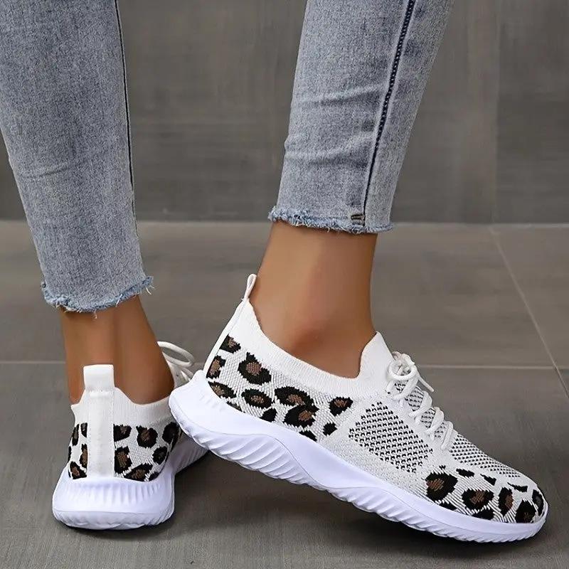 White leopard-print lace-up sneakers for women by AdTec, knit upper with chunky white sole