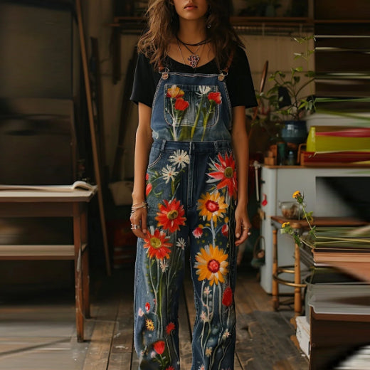 Mono vaquero con estampado floral de plantas y pintura al óleo