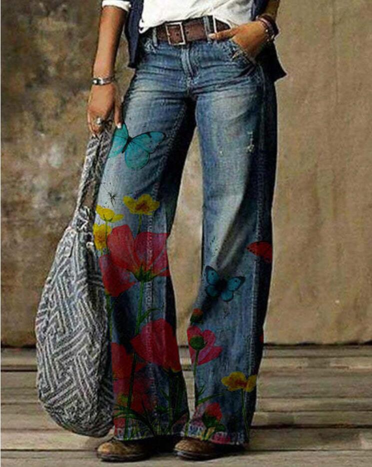Pantalones de mujer de talla grande con estampado floral artístico