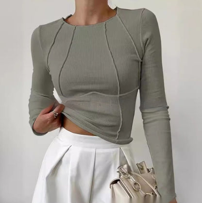 Haut en maille à col montant, fendu et tricoté pour femme, à manches longues et de couleur unie