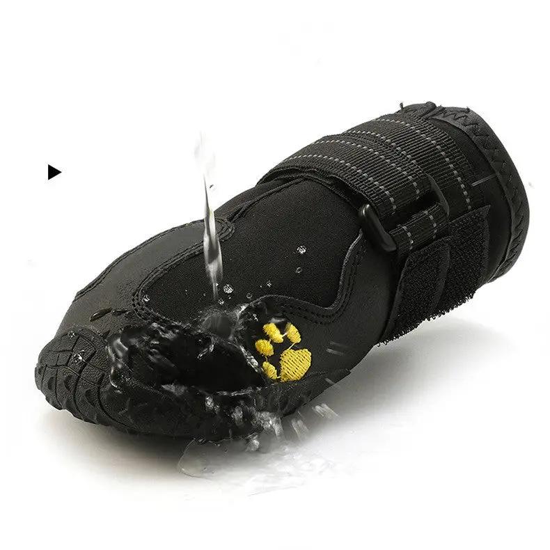 Pet Dog Foot Cover Waterproof Dog Boots by AdTec; black boot with Velcro strap and yellow paw print