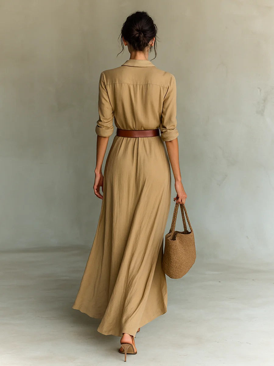 Vestido largo irregular con cinturón, camisa de manga larga con solapa de botones, moda elegante, uso diario para la oficina, ropa para mujer.