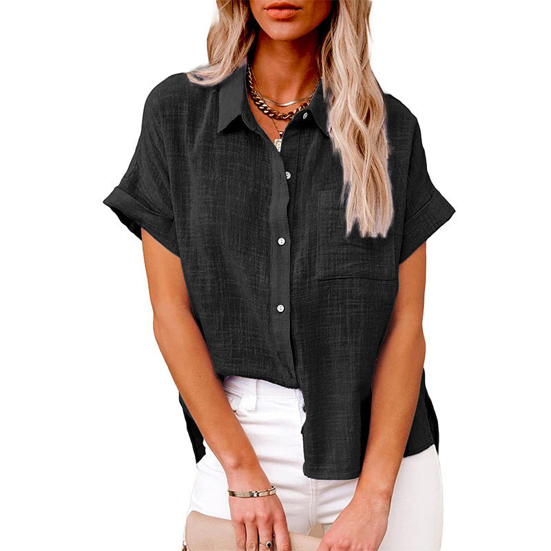 Chemisier Femme Coton Lin Décontracté Manches Courtes à Poche