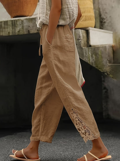 Pantalon droit décontracté en dentelle avec cordon de serrage pour femme
