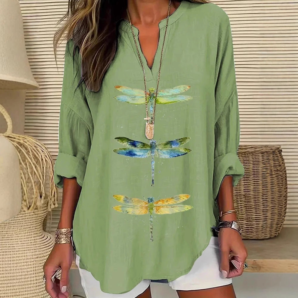 Ropa de mujer europea y americana, cuello en V pequeño, cuello alto, botón, hombros caídos, manga larga, camiseta de mujer, bajo curvo.