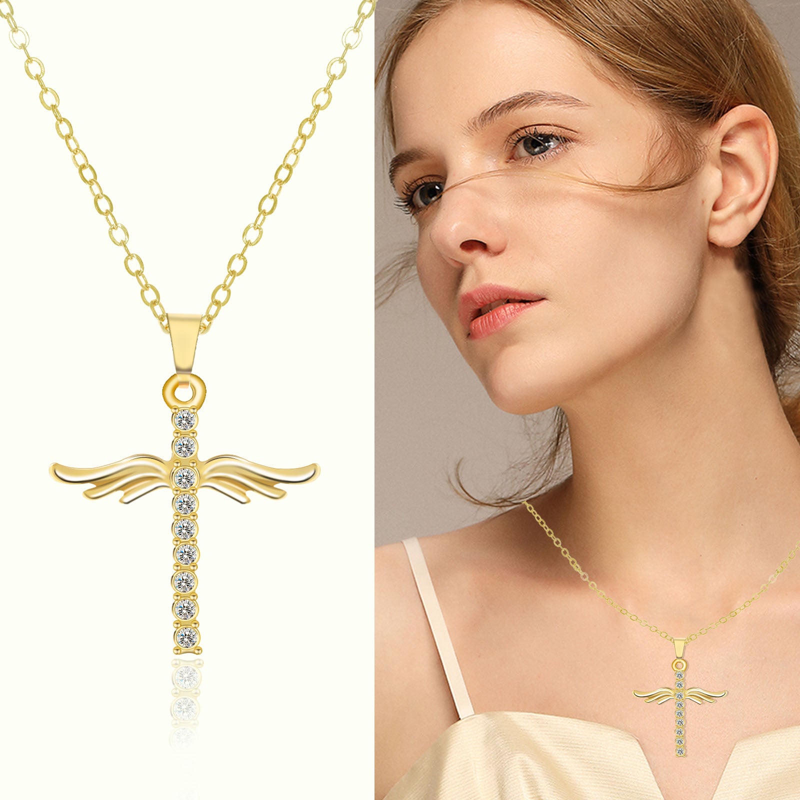 Collar con colgante de cruz de alas de ángel para mujer con cadena de acero inoxidable tipo O, regalo de joyería