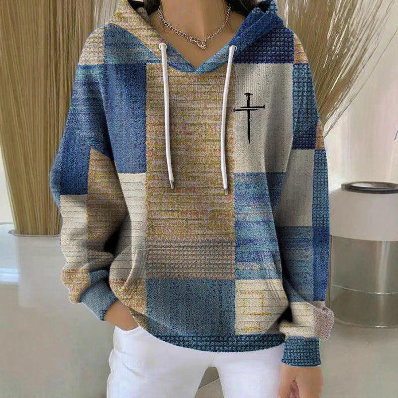 Sweat à capuche décontracté et élégant pour femme avec un motif à carreaux classique