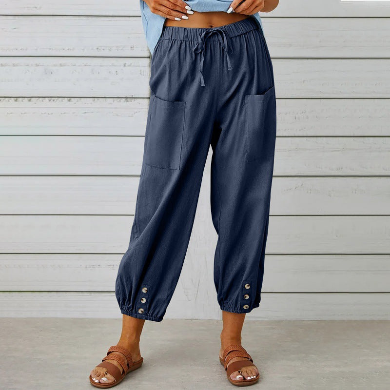 Pantalon ample taille haute en coton et lin avec boutons, coupe courte, jambes larges pour femme
