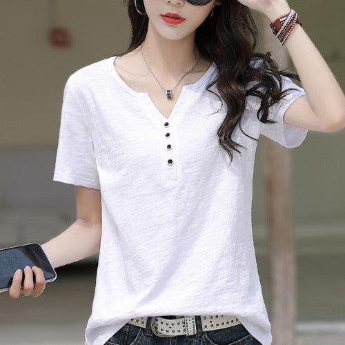 Camiseta de algodón de manga corta para mujer, camisa suelta básica
