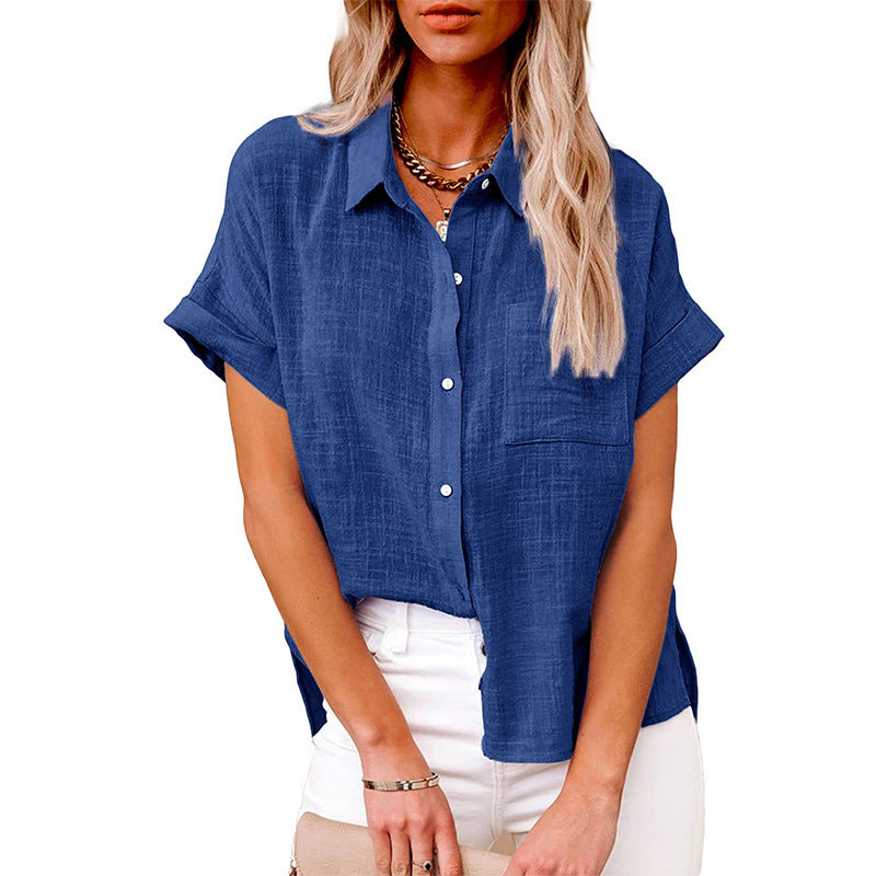 Chemisier Femme Coton Lin Décontracté Manches Courtes à Poche