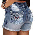 Short en jean brodé pour femme à ourlet effiloché délavé