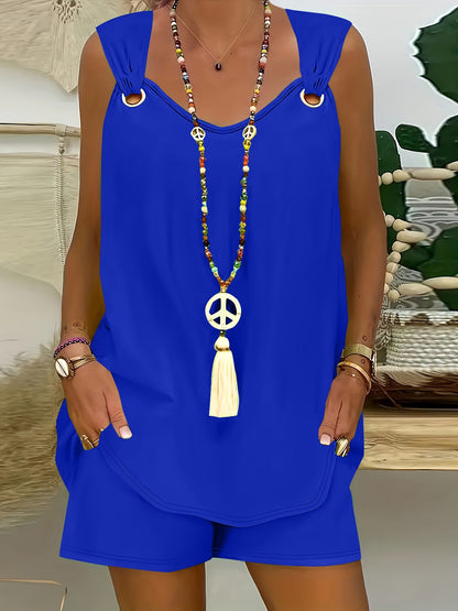 Ensemble short et haut sans manches élégant de couleur unie et décontracté