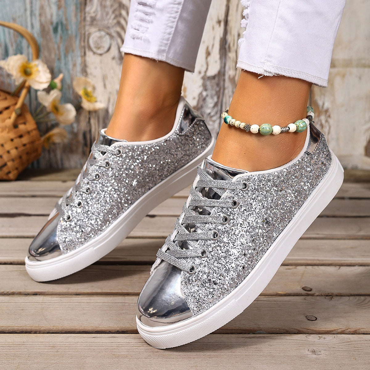 Zapatos de talla grande con cordones delanteros con lentejuelas de color liso