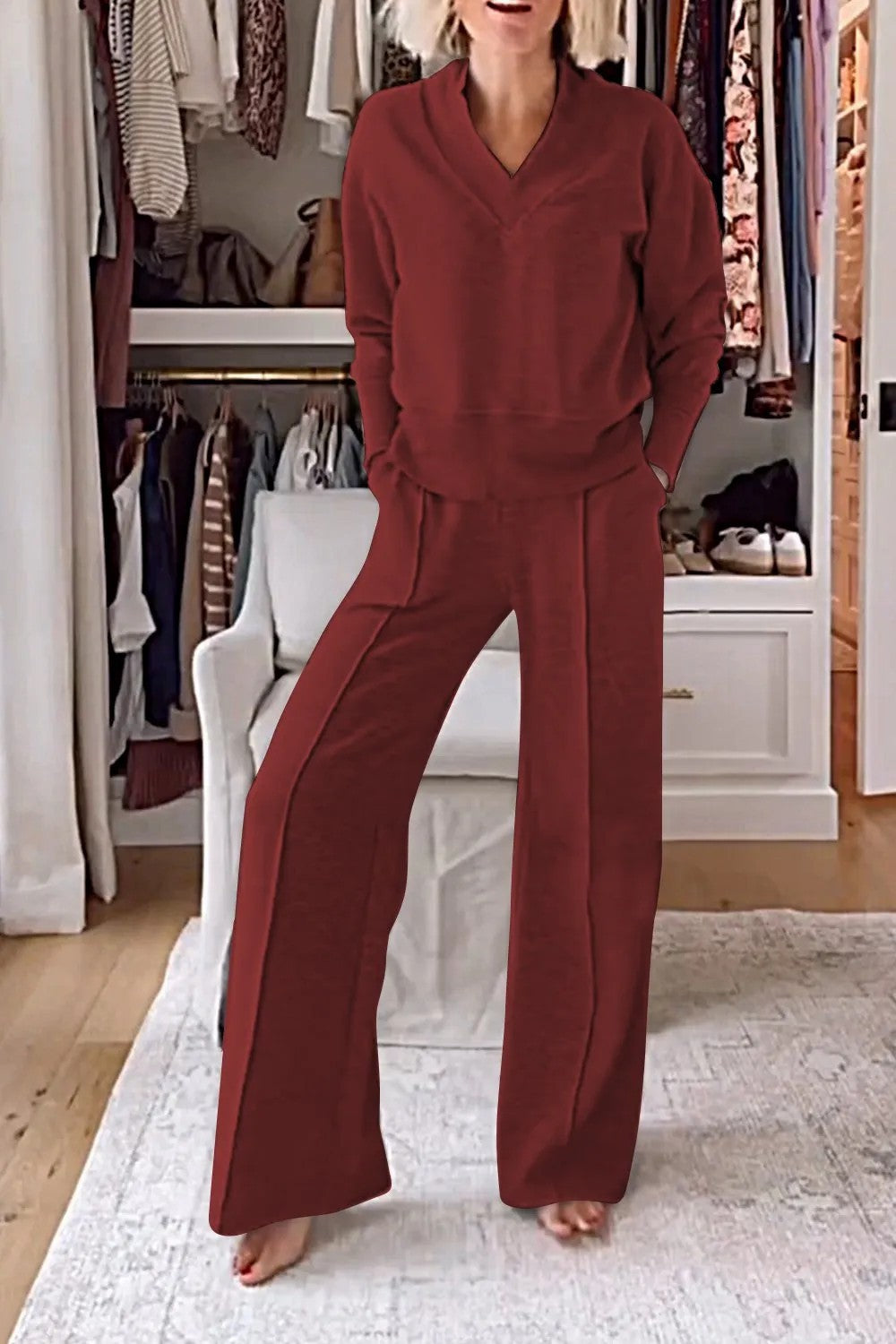 Ensemble deux pièces col en V manches longues haut ample pantalon large