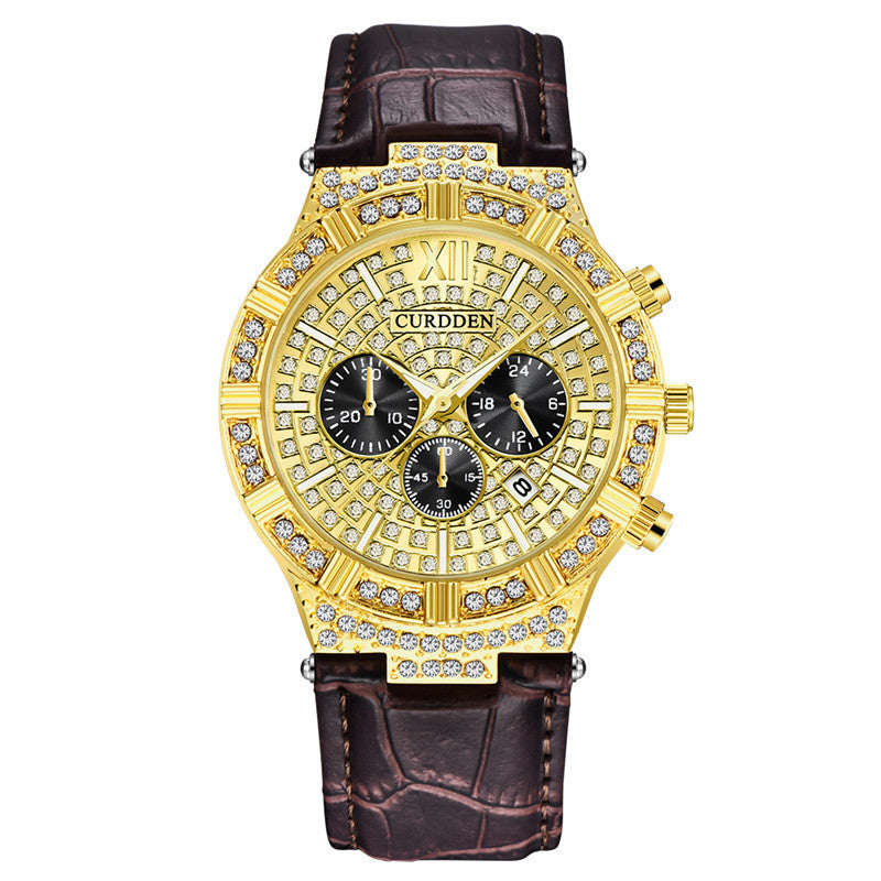 Montre à quartz pour homme avec faux trois yeux et diamants incrustés
