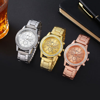 Montre à quartz dorée Genève à bracelet en acier