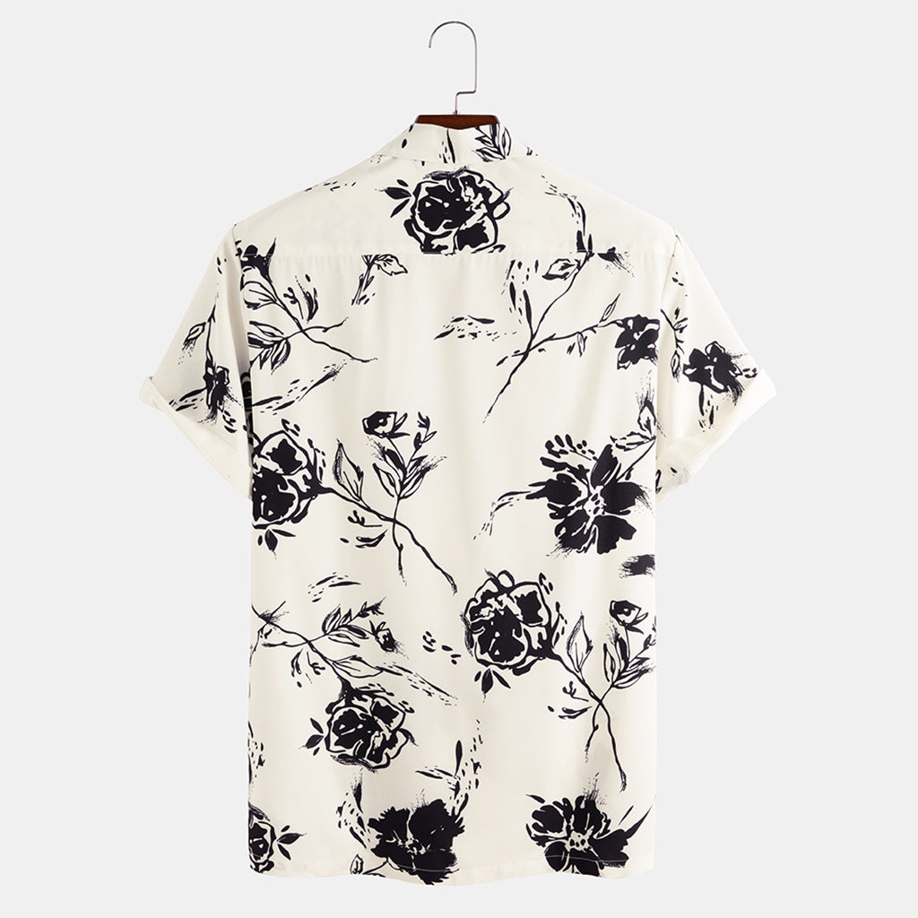 Short Sleeve Men's Rose Print Fashion Casual Men's Shirt