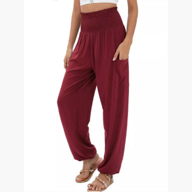 Pantalones casuales de talle alto y pierna ancha con cintura elástica