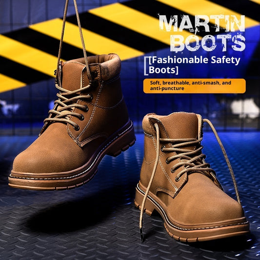 Shoes: tan brown leather safety boots with laces, two boots displayed on a metal diamond-plate floor.