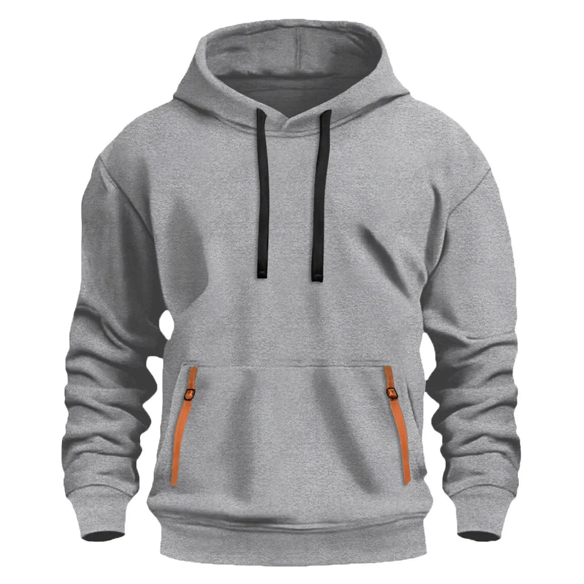 Men's gray fleece-lined hoodie with black drawstrings and orange zipper pulls on pockets.