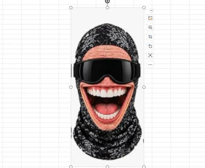 AdTec balaclava ski mask with black knit pattern and graphic smiling mouth print