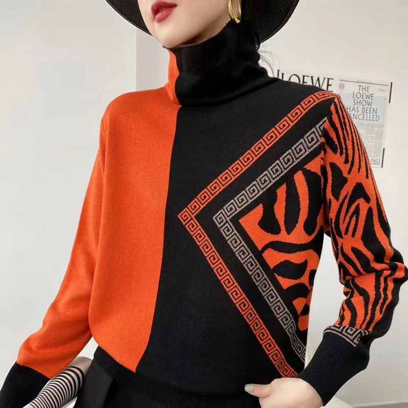 Pull col ras du cou décontracté multicolore pour femme