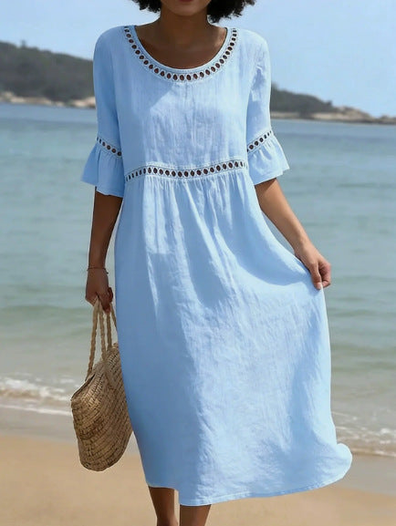 Robe décontractée élégante à col rond, manches trois-quarts et couleur unie