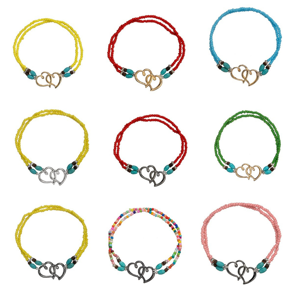 Cheville Double Élastique en Alliage Style Vacances Mode avec Double Cœur et Perles Turquoises