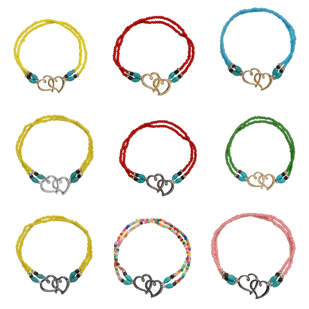Cheville Double Élastique en Alliage Style Vacances Mode avec Double Cœur et Perles Turquoises