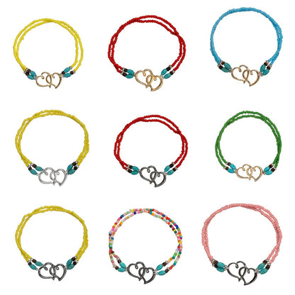 Cheville Double Élastique en Alliage Style Vacances Mode avec Double Cœur et Perles Turquoises