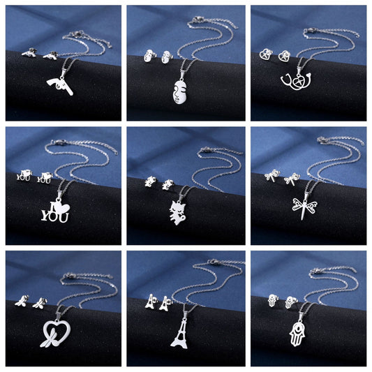 Stainless Steel Necklace Ear Stud Combination Suit