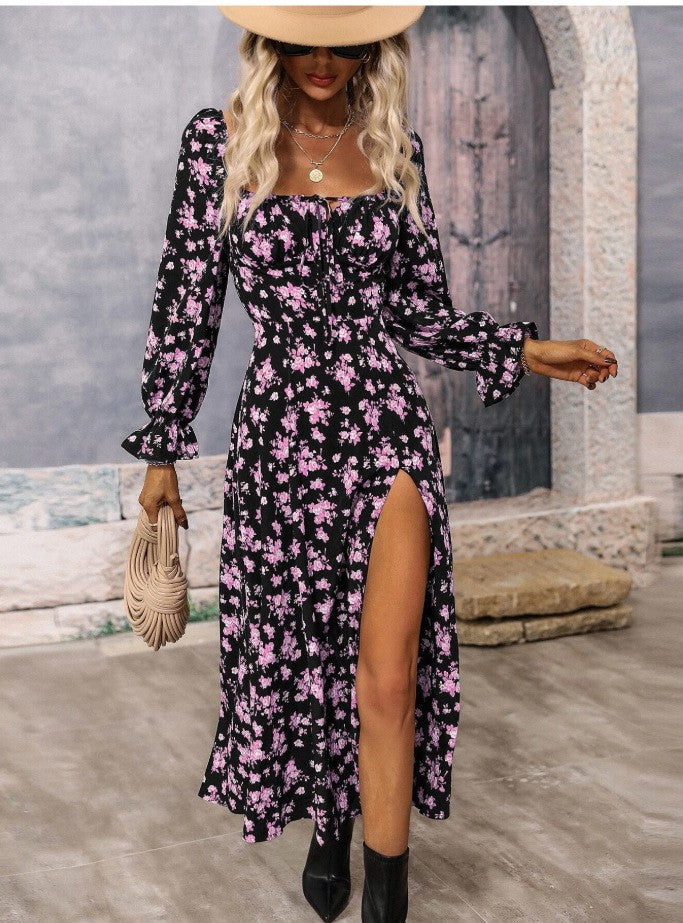 Vestido de manga larga con estampado floral, cuello cuadrado y abertura inferior para mujer. Ropa de mujer.