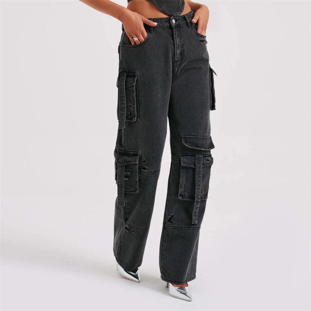 Traje de mujer de cintura baja, top tubo tridimensional y pantalones vaqueros con pespuntes y bolsillos